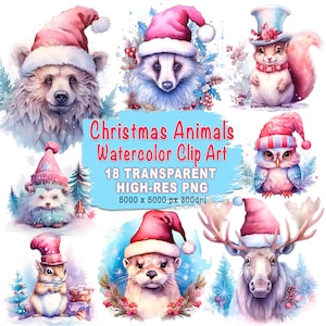 Funny Winter Woodland Animals Watercolor Christmas Clipart Bundle Snow Scenes 18 High-Resolution PNG Commercial Use - Gift