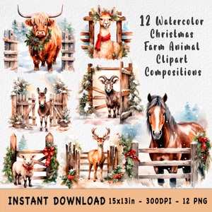 Christmas Farm Animals Clipart Bundle Watercolor Horse, Highland Cow, Cute Xmas Digital Countryside 12 PNG Instant Download - Gift