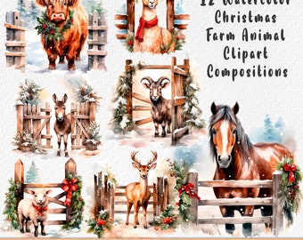 Christmas Farm Animals Clipart Bundle Watercolor Horse, Highland Cow, Cute Xmas Digital Countryside 12 PNG Instant Download - Gift