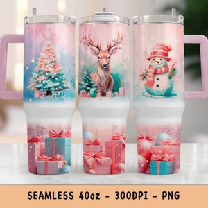 Snowman Pastel Christmas 40oz Tumbler Wrap with Handle Quencher Tumbler Sublimation Merry Christmas Cup PNG - Gift