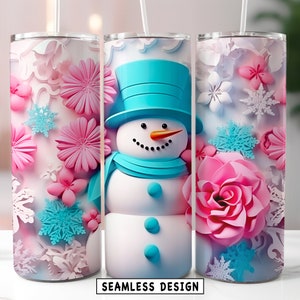 Snowman Tumbler Wrap 3D Christmas Winter Design Pink 20 oz Tumbler Holiday Sublimate - Gift