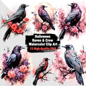 Halloween Raven Crow Watercolor Clip Art Bundle 13 High-Res PNG Images Sublimation Digital Design - Gift