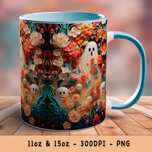 3D Halloween Mug Cute Ghosts Wrap 11oz 15oz Sublimation Spooky Design Coffee Cup Wrap PNG - Gift