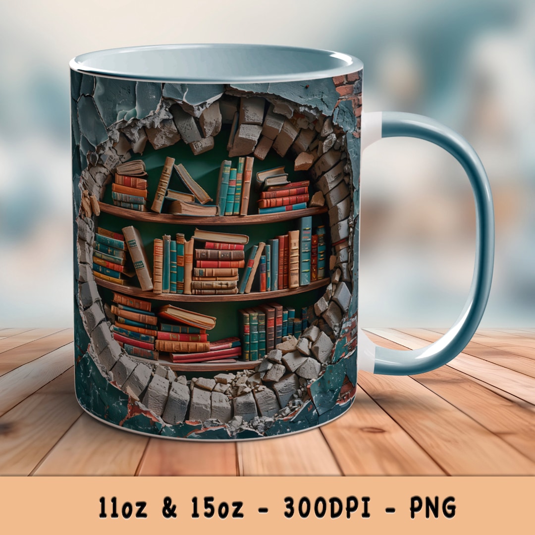 3D Book Lover Mug Wrap Bookshelf Design 11oz and 15oz Options Mug PNG ...