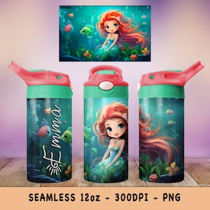 Personalized 12oz Flip Top Kids Cup Wrap Mermaid Straight Sublimation Seamless Design Cute Girls Tumbler PNG - Gift