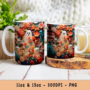 3D Spooky Halloween Ghosts Mug Cute Wrap 11oz 15oz Sublimation Design Coffee Cup Wrap PNG - Gift