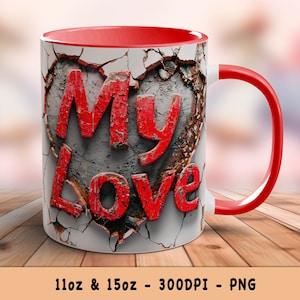 Valentine&#39;s Day Mug Wrap 3D Heart Sublimation 11oz 15 oz Mug Template Instant Download Design - Gift