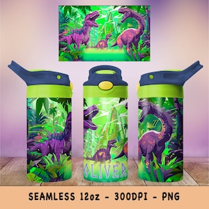 Personalized Dinosaur Tumbler Wrap for Kids 12oz Boys Tumbler Design with Flip Top Seamless Children&#39;s Cup PNG Instant Download - Gift