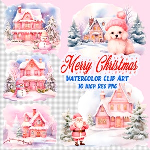 Conjunto de clipart de Natal rosa aquarela com 10 imagens de fundo transparentes PNG, boneco de neve festivo, árvore de Natal e elementos de férias - presente