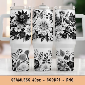Floral 40oz Black and White Tumbler Wrap Retro Flowers Sublimation Seamless Design - Gift