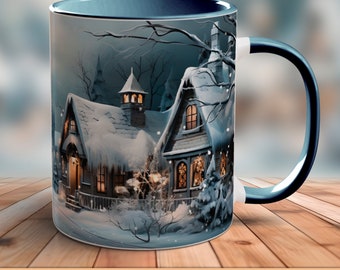 Christmas Mug Snowy Village Wrap Cozy Winter Scene 11oz and 15oz Coffee Mug Sublimation Design - Gift