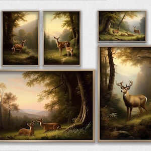 Rustic Deer Painting Set of 5 Vintage Landscape Hunting Deer Art Printable Wall Art - Gift
