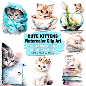Cute Kitten Clip Art for Nursery Decor and Crafts High-Resolution Png Watercolor Cats Clipart Sublimation Design Nursery Decor - Gift