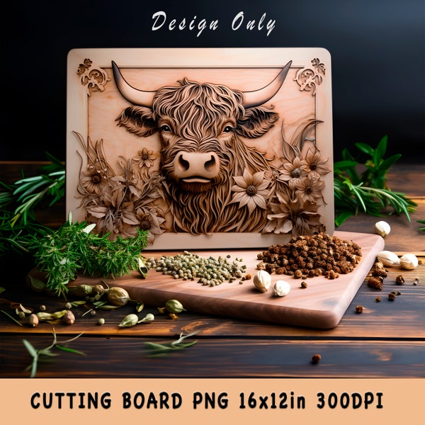 Highland Cow Cutting Board PNG Floral Baby Cow 3D Illusion Sublimation Design Instant Download - Gift