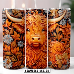 3D Highland Cow Tooled leather Tumbler Wrap 20 oz Sublimation Seamless Designs Skinny Tumbler Straight Tapered - Gift