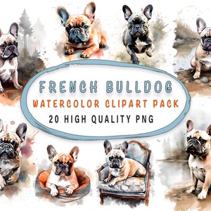 Clipart de buldogue francês em aquarela 20 imagens de alta qualidade para artesanato digital para amantes de cães, uso comercial - presente
