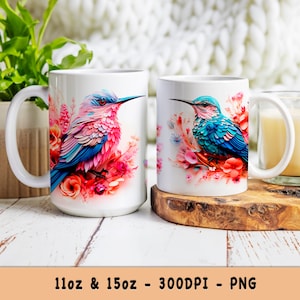 Hummingbirds Mug 3D Wrap Sublimation Templates 11oz 15oz  Template Birds and Flowers Mug Design - Gift