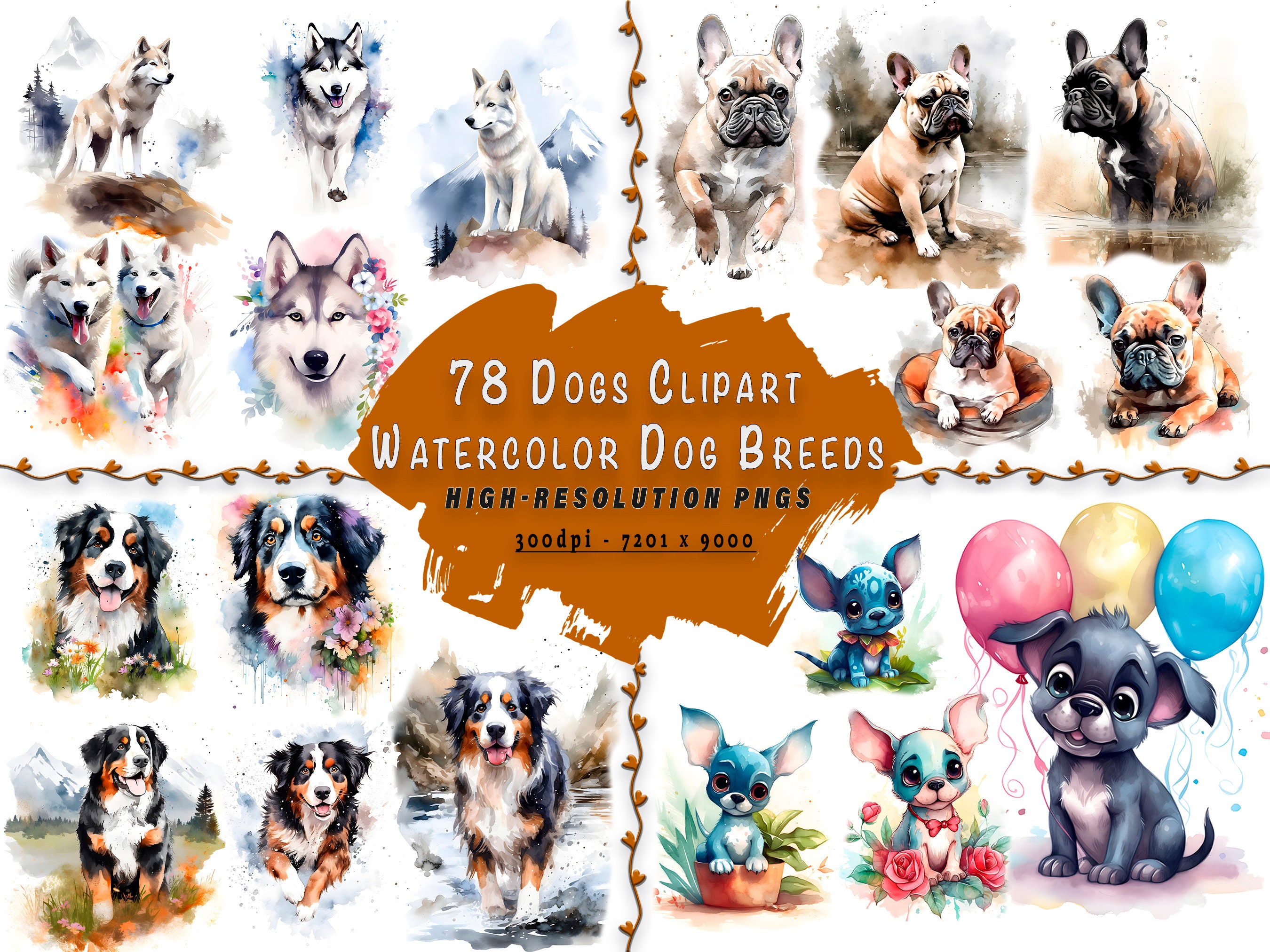 Big Dog Breeds Watercolor Clipart Set. Dog Lovers Gift Instant 
