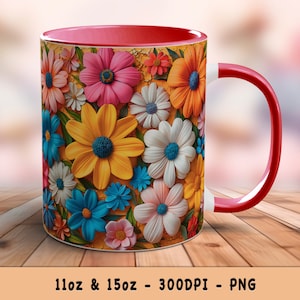 3D Colorful Wild Flowers Mug Wrap, 11oz and 15oz  Cute Floral Coffee Mug Design for Mom, Instant Download PNG Commercial Use - Gift