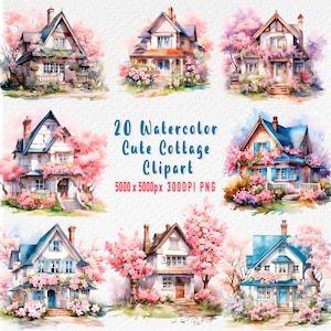 Watercolor Cottage Clipart Bundle Cozy Country House Wooden Cottage Painting 20 High-Quality PNG Instant Download for Commercial Use - Gift