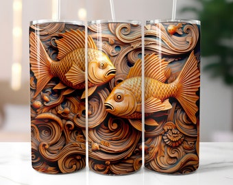3D Fish Tooled Leather Tumbler Wrap 20 oz Skinny Sublimation Friendly Wrap Commercial Use for Fishing Lovers - Gift
