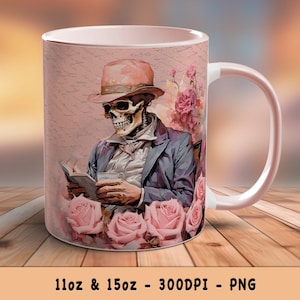 Skeleton Coffee Mug Wrap 15 oz Book Lover Mug Template 11 oz Retro Halloween Cup Design Sublimation Wrap PNG - Gift