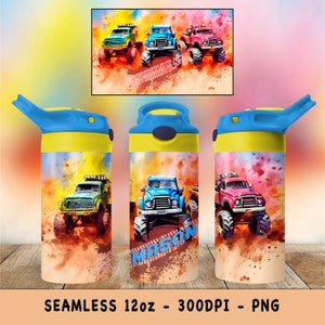 Personalized Kids Trucks Wrap for 12 oz Tumbler Custom Monster Trucks PNG Design Children&#39;s Tumbler Gift Seamless Sublimation - Gift