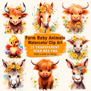 Niedliche Tiere auf dem Bauernhof Clipart Pack für Kinderzimmer Dekor 28 hochauflösende PNG Dateien Design und Crafting Bundle für kommerzielle Nutzung - Geschenk