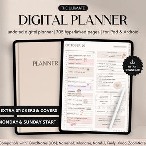 All-in-One Digital Planner, Undated iPad & Android Planner, GoodNotes Daily, Weekly, Monthly, 2026 2027 Undated Calendar, Notability Journal