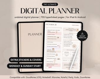 All-in-One Digital Planner, Undated iPad & Android Planner, GoodNotes Daily, Weekly, Monthly, 2026 2027 Undated Calendar, Notability Journal