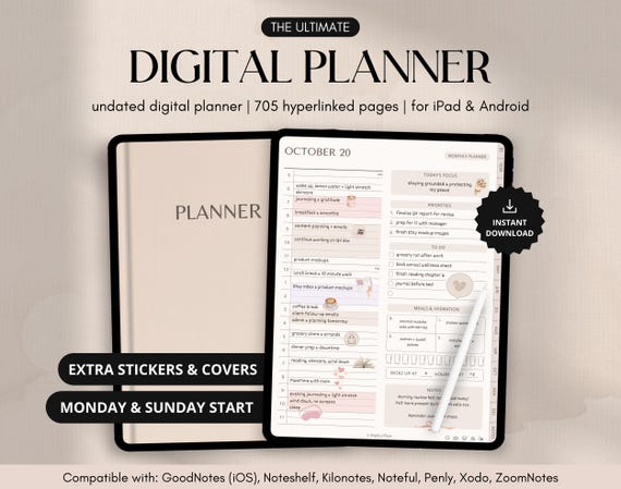 All-in-One Digital Planner, Undated iPad & Android Planner, GoodNotes Daily, Weekly, Monthly, 2026 2027 Undated Calendar, Notability Journal