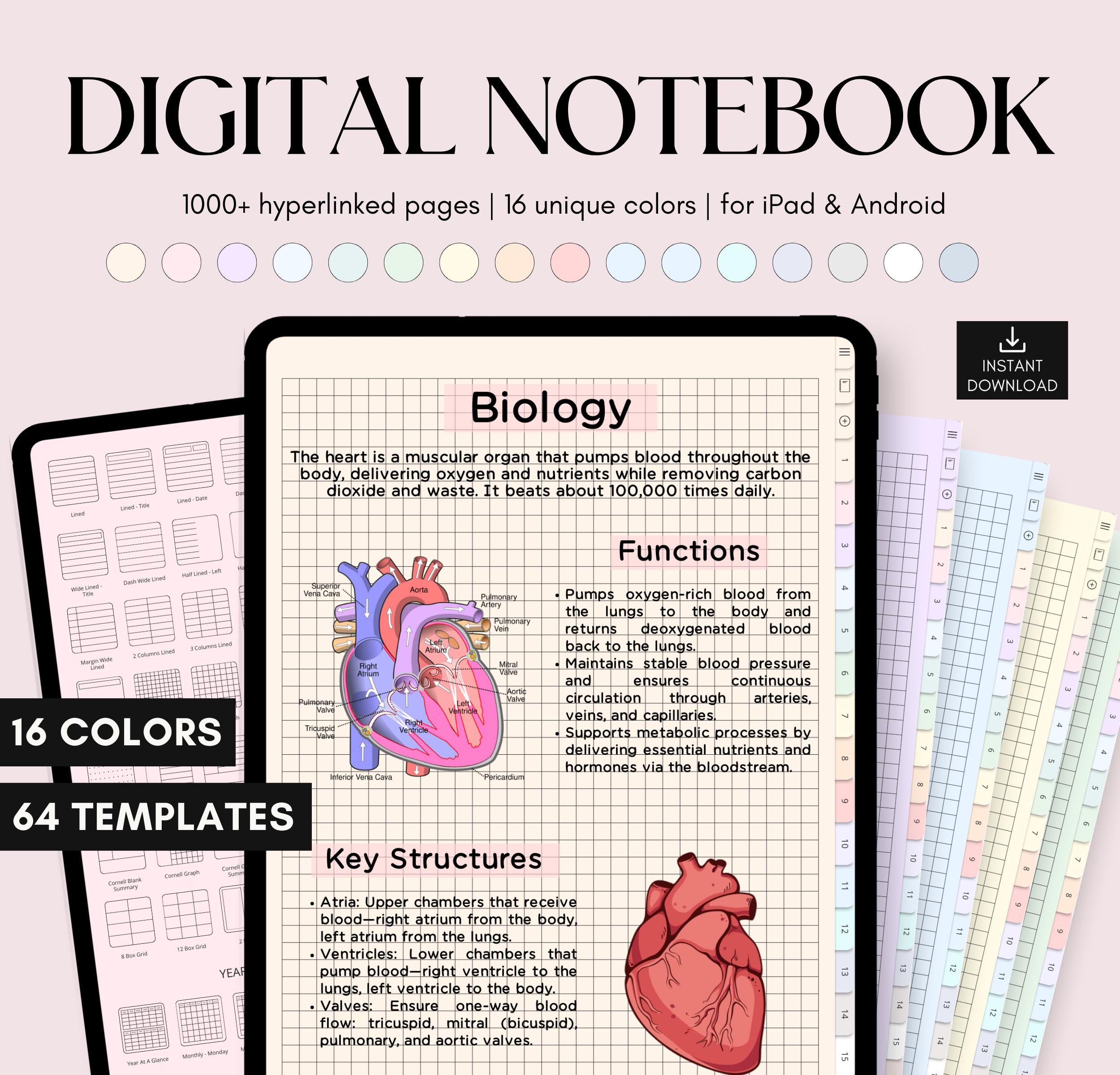 Cahier numérique avec onglets, cahier GoodNotes, journal numérique, cahier d'étudiant, modèles de notes, papier numérique, modèle de prise de notes