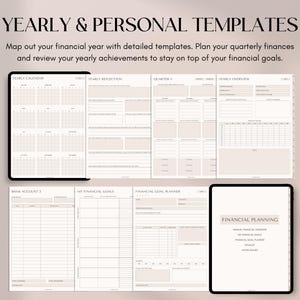 May include: Digital financial planning templates displayed on two tablets. The templates include yearly calendars, financial goal planners, and yearly overviews. The text "YEARLY & PERSONAL TEMPLATES" is at the top.