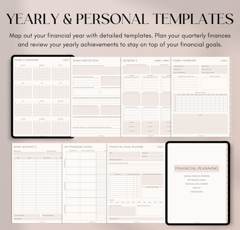 May include: Digital financial planning templates displayed on two tablets. The templates include yearly calendars, financial goal planners, and yearly overviews. The text "YEARLY & PERSONAL TEMPLATES" is at the top.