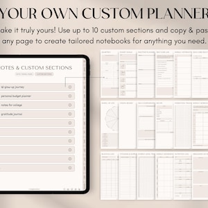 May include: A digital planner displayed on a tablet, featuring customizable sections for notes and planning. The screen shows options like a glow-up journey, personal budget, and gratitude journal. The text reads "YOUR OWN CUSTOM PLANNER."