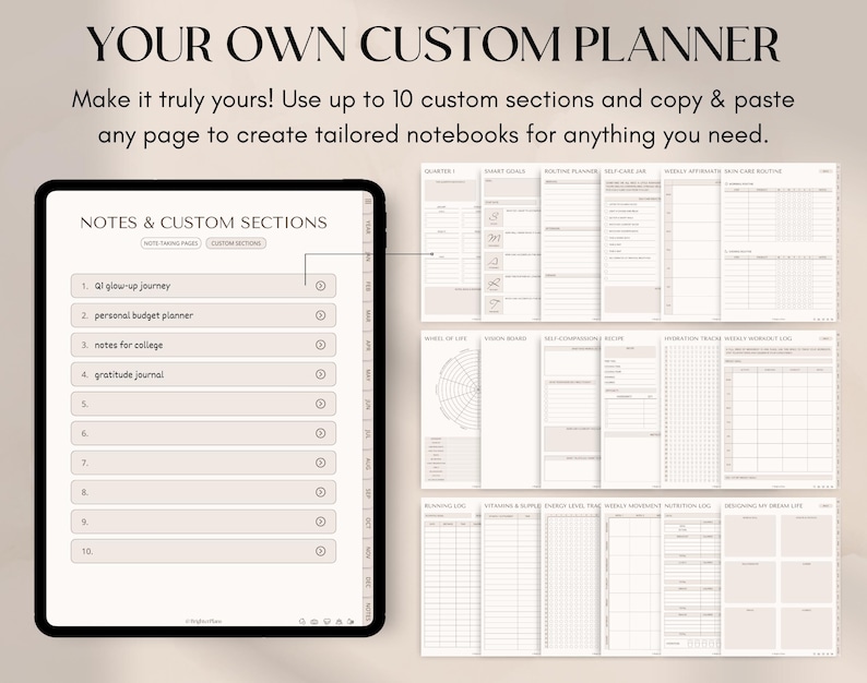 May include: A digital planner displayed on a tablet, featuring customizable sections for notes and planning. The screen shows options like a glow-up journey, personal budget, and gratitude journal. The text reads "YOUR OWN CUSTOM PLANNER."