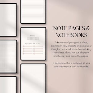 May include: Digital notebook pages with grid, lined, and custom section templates. The image features several open notebooks with various page designs, including dot grid and lined pages. Text reads "NOTE PAGES & NOTEBOOKS".