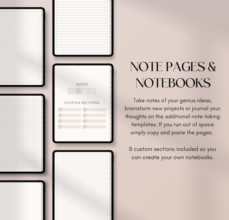 May include: Digital notebook pages with grid, lined, and custom section templates. The image features several open notebooks with various page designs, including dot grid and lined pages. Text reads "NOTE PAGES & NOTEBOOKS".