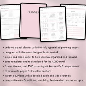 May include: A digital planner with a pink cover and several digital pages displayed on tablets. The planner includes sections for yearly reflection, index, and notes. Features include 640 hyperlinked pages, templates for ADHD, and over 1000 stickers.