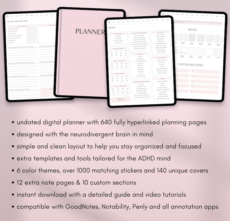 May include: A digital planner with a pink cover and several digital pages displayed on tablets. The planner includes sections for yearly reflection, index, and notes. Features include 640 hyperlinked pages, templates for ADHD, and over 1000 stickers.