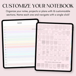 May include: A digital notebook app interface with a customizable index and a variety of page layouts. The index has 16 sections, each with a different color. The page layouts include yearly, monthly, weekly, and daily views.
