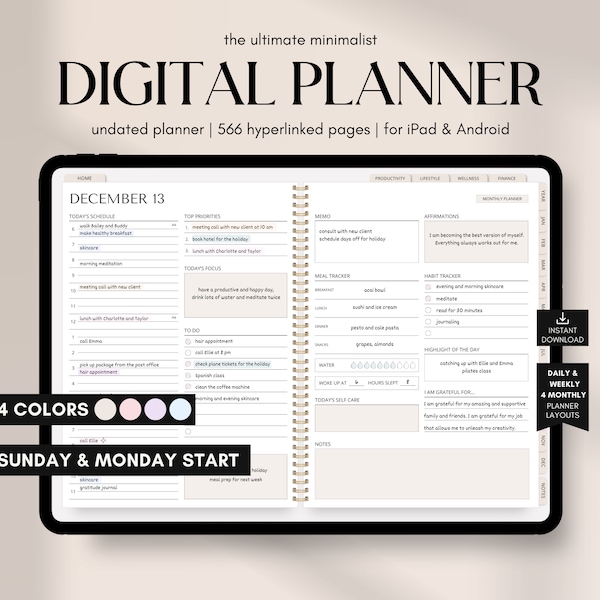 Digitale planner, ongedateerde iPad- en Android-planner, GoodNotes Planner, dagelijkse, wekelijkse, maandelijkse planner, 2024 2025 ongedateerde digitale iPad-kalender