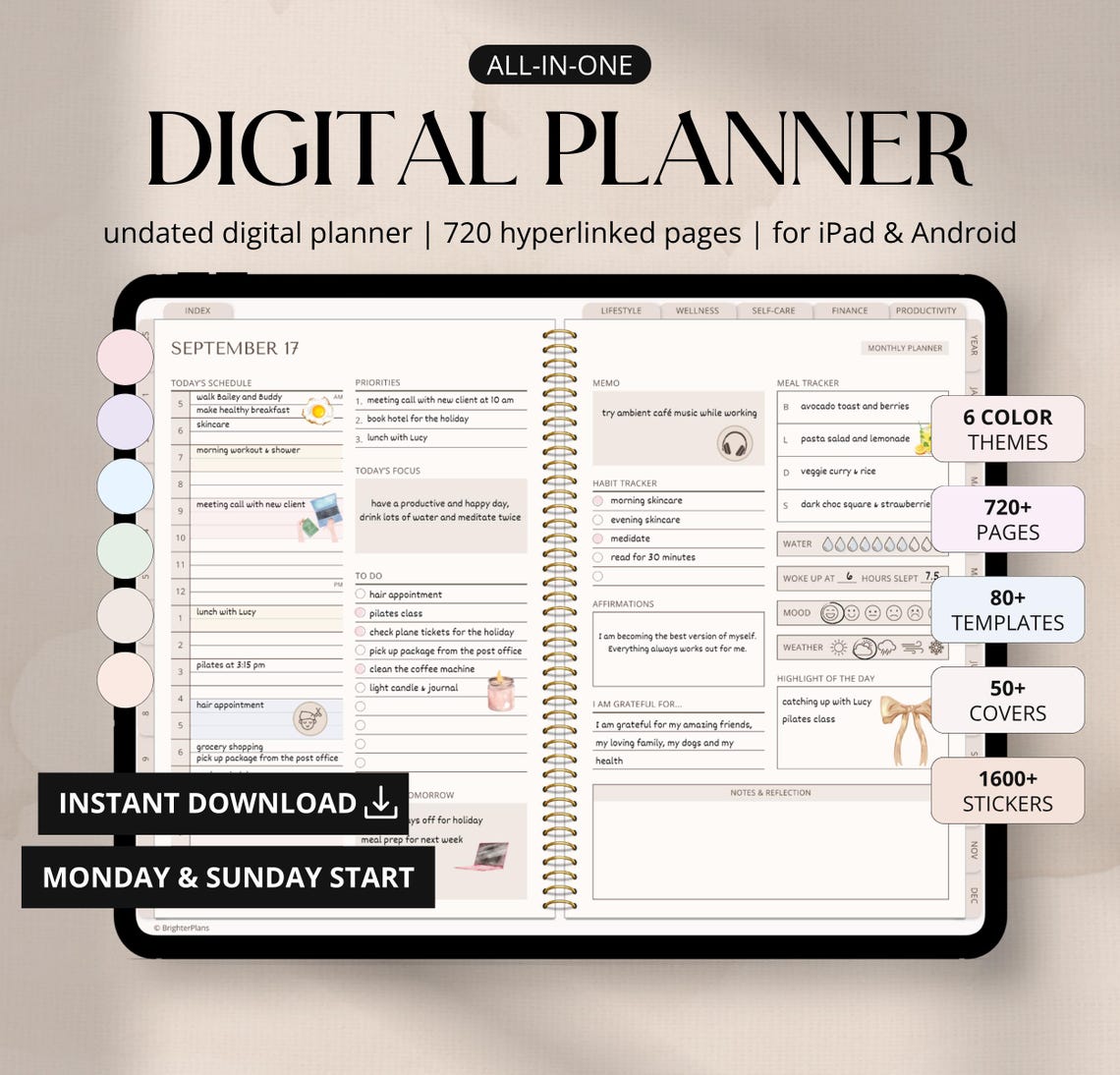 Digital Planner Undated, iPad & Android Planner, GoodNotes Calendar, Daily Weekly Monthly Journal with Stickers, iPad Planner for 2025 2026 image 1