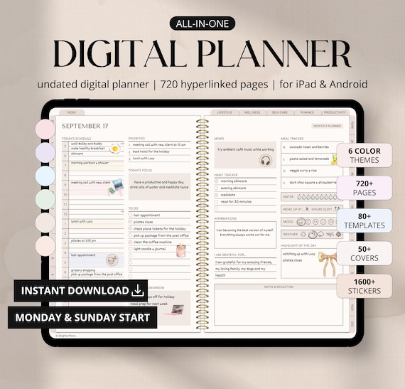 Digital Planner Undated, iPad & Android Planner, GoodNotes Calendar, Daily Weekly Monthly Journal with Stickers, iPad Planner for 2025 2026