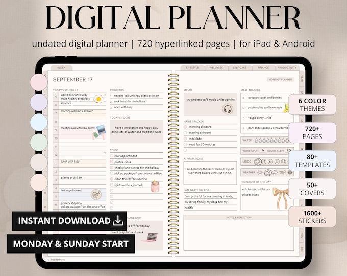 Digital Planner Undated, iPad & Android Planner, GoodNotes Calendar, Daily Weekly Monthly Journal with Stickers, iPad Planner for 2025 2026