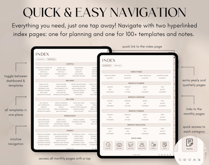 May include: Two digital tablets displaying a planner interface with the text "QUICK & EASY NAVIGATION". The interface includes index pages, templates, and links for planning, wellness, and finance. The design is minimalist with a neutral color palette.