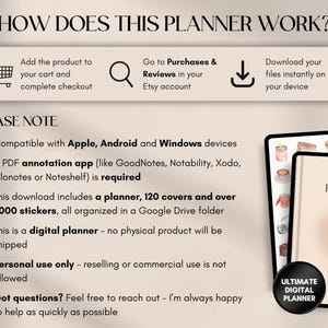 May include: Informational graphic detailing how a digital planner works. Includes steps for purchase, download, and use. Features a digital planner with the text "PLANNER" and a button that says "ULTIMATE DIGITAL PLANNER".