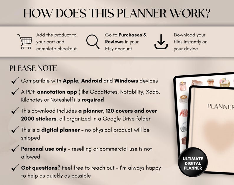 May include: Informational graphic detailing how a digital planner works. Includes steps for purchase, download, and use. Features a digital planner with the text "PLANNER" and a button that says "ULTIMATE DIGITAL PLANNER".