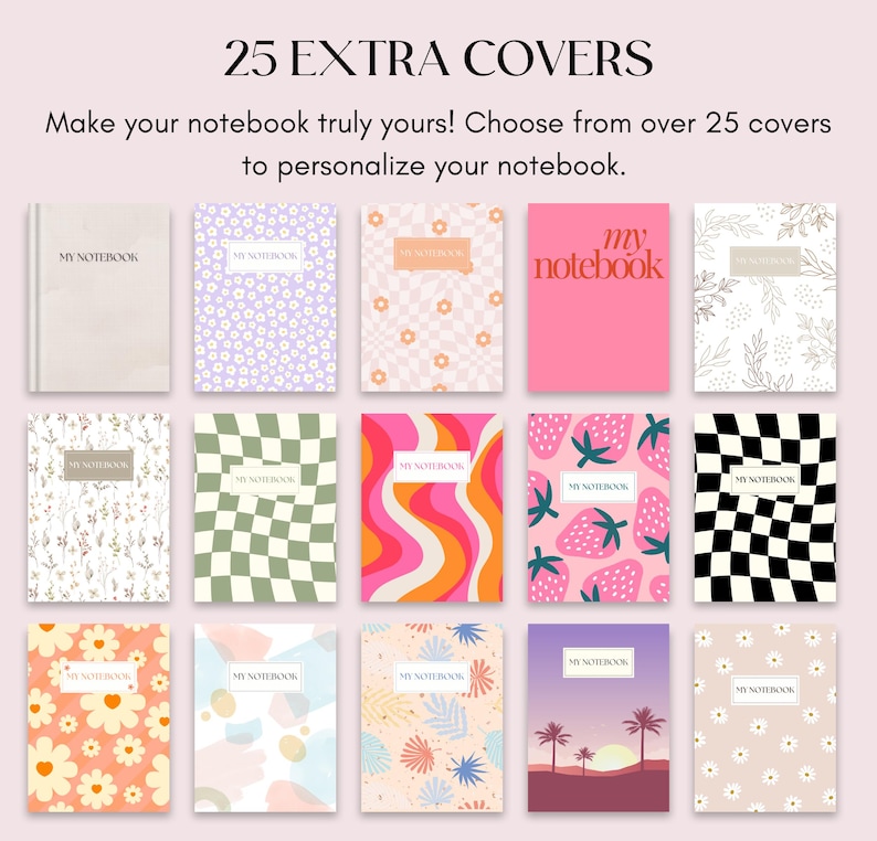 May include: A collection of 25 different notebook covers. The covers feature a variety of patterns and designs, including floral, geometric, and abstract. The text "my notebook" appears on each cover.