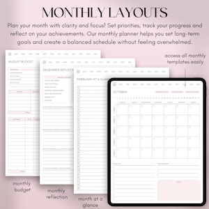 May include: A digital planner with monthly layouts, including a budget, reflection, and calendar pages. The planner is displayed on a tablet and includes the text "MONTHLY LAYOUTS". The pages are in shades of pink and white.